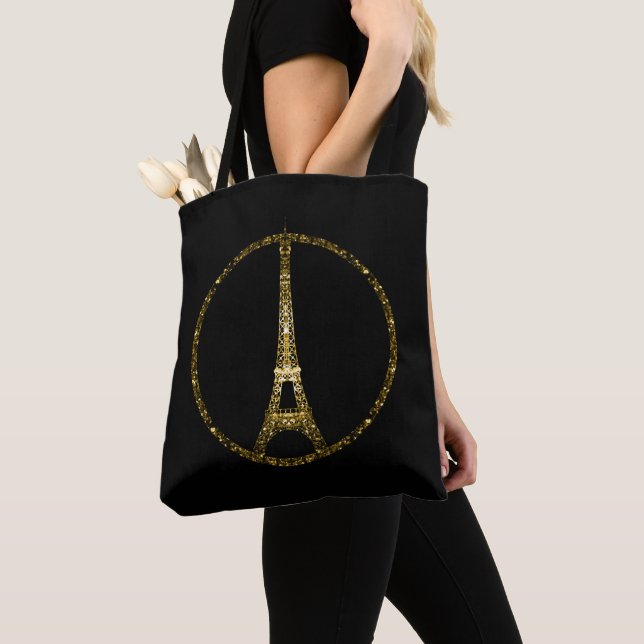 Eiffel Tower gold glitter sparkles on Black Tote Bag (Close Up)