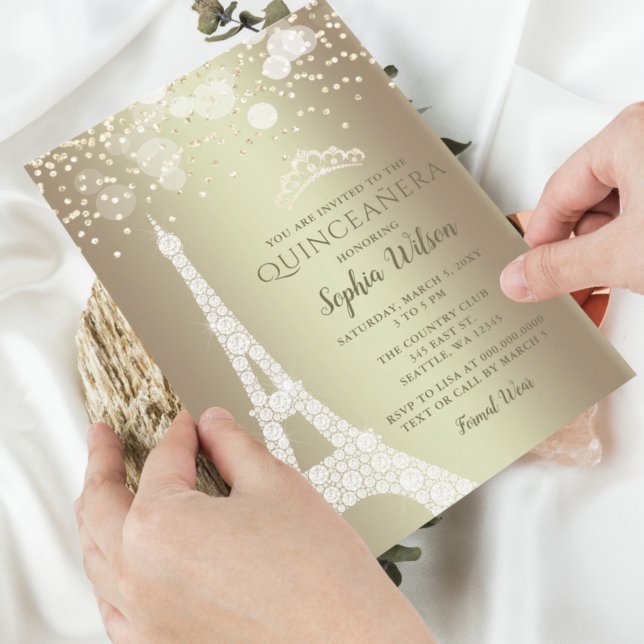 Eiffel Tower Gold Sparkle Glitter Quinceañera  Invitation (Creator Uploaded)