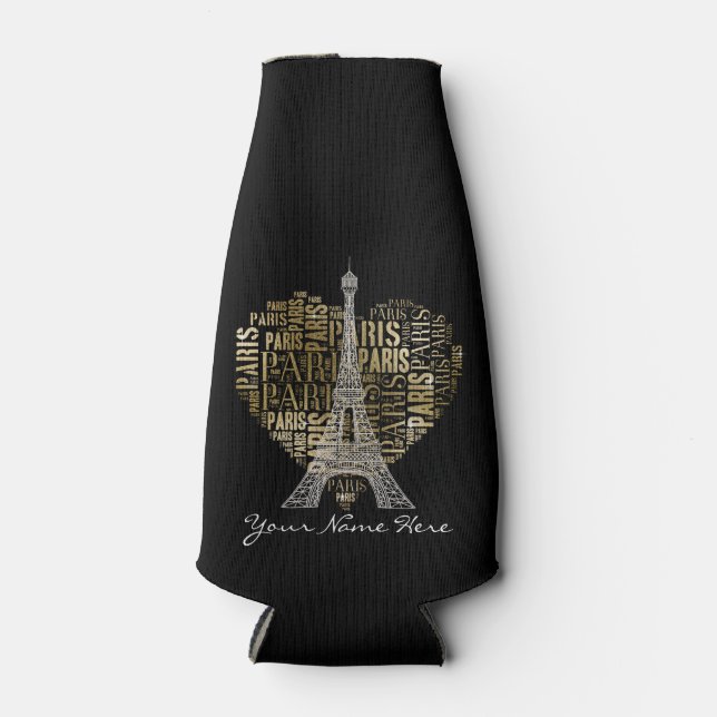 Eiffel Tower | Golden Inscriptions Paris in Heart Bottle Cooler (Front)