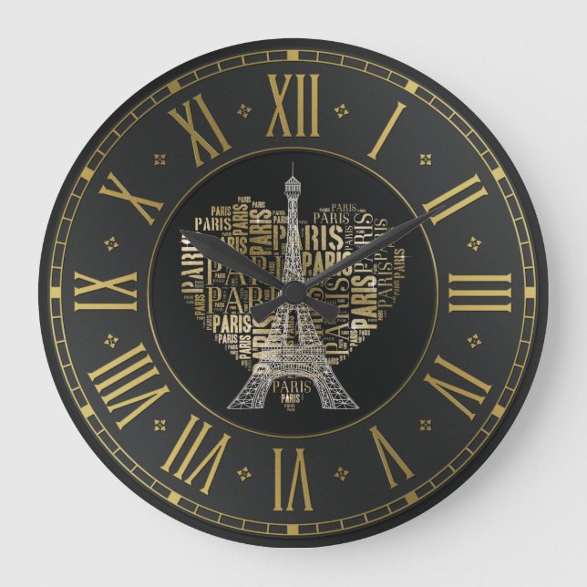 Eiffel Tower | Golden Inscriptions Paris in Heart Large Clock (Front)