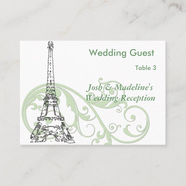 Eiffel Tower & Green Scroll Reception Table cards (Front)