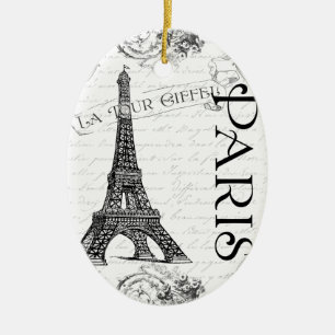 Eiffel Tower in Black and White Ceramic Tree Decoration