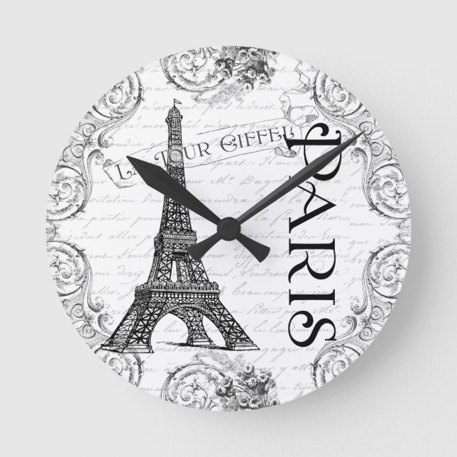 Eiffel Tower in Black and White Round Clock (Front)