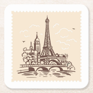 Eiffel Tower in Paris on a Postage Stamp Landmark Square Paper Coaster