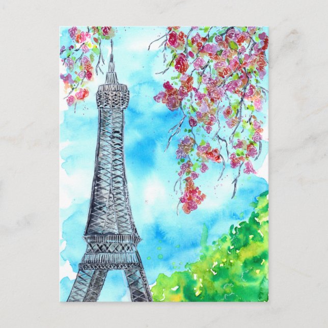 Eiffel Tower in Spring Watercolor Postcard (Front)