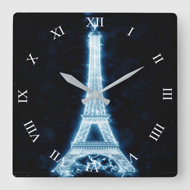 Eiffel Tower in White Neon Glow Square Wall Clock (Front)
