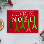 Eiffel Tower Joyeux Noel Red & Green Christmas Holiday Card<br><div class="desc">This unique Paris themed holiday card features the greeting "Joyeux Noel" with Eiffel Tower's in shades of green.  Easily personalise the inside of this card with a custom holiday message.</div>