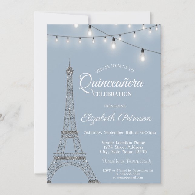  Eiffel Tower,Lights Dusty Blue Quinceañera  Invitation (Front)
