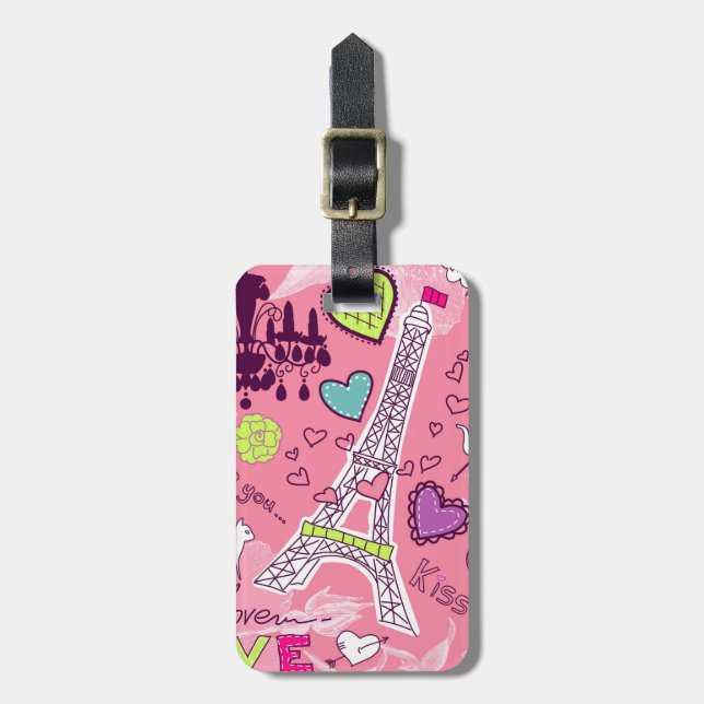 Eiffel Tower Love Paris France Pink Luggage Tag (Front Vertical)
