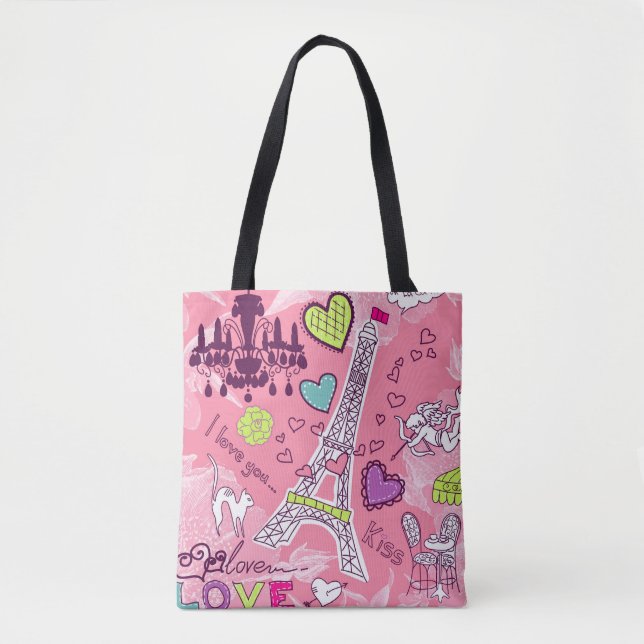 Eiffel Tower Love Paris France Pink Tote Bag (Front)