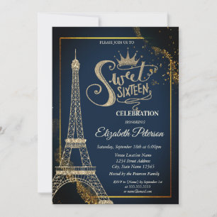 Eiffel Tower Navy Gold Blue Sweet 16 Invitation