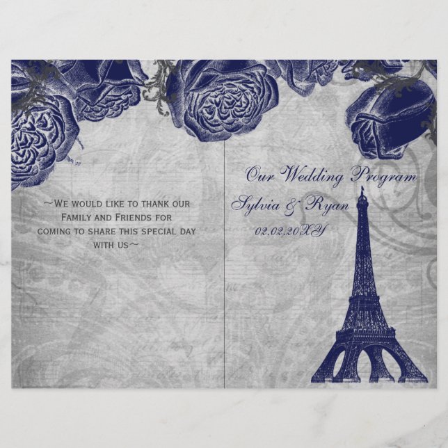 Eiffel tower navy silver folded Wedding program (Front)