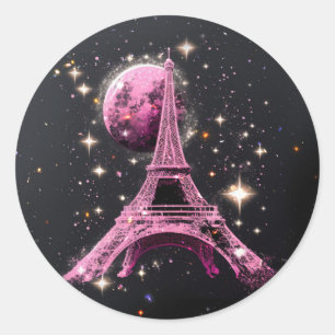 Eiffel Tower Night Moon           Classic Round Sticker