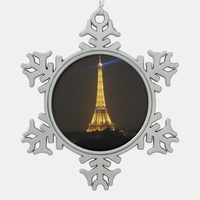 Eiffel Tower night Snowflake Pewter Christmas Ornament (Front)