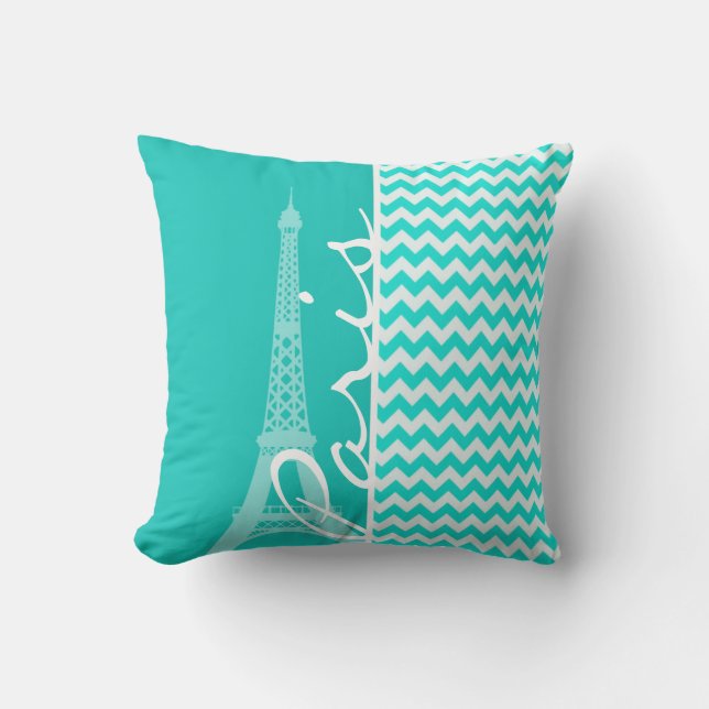 Eiffel Tower on Aqua Colour Chevron Cushion (Front)