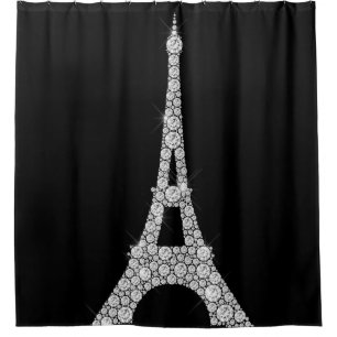 Eiffel Tower Pari Black White Swarovski Crystals Shower Curtain