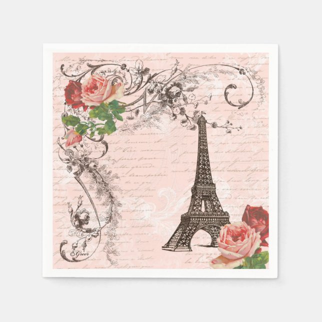 Eiffel Tower Paris and Roses Party Napkins (Front)
