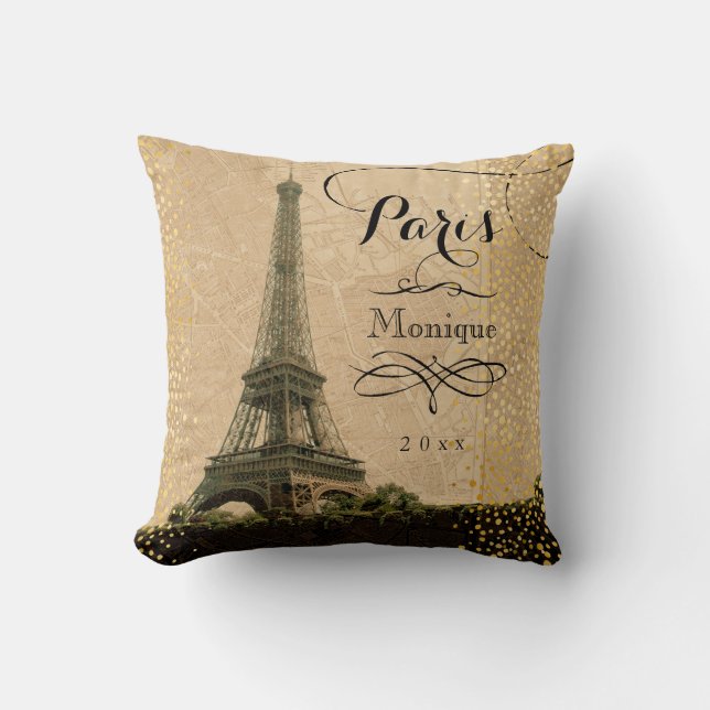 Eiffel Tower Paris Beige Faux Gold Monogram Name Cushion (Front)