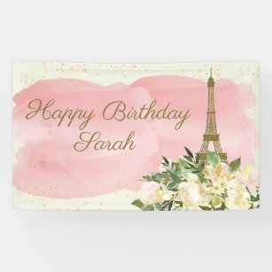Eiffel Tower Paris Birthday Pink Gold Glitter Banner