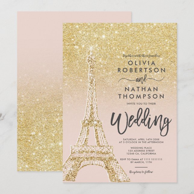 Eiffel tower Paris chic gold glitter pink wedding Invitation (Front/Back)