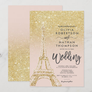 Eiffel tower Paris chic gold glitter pink wedding Invitation