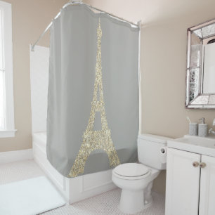 Eiffel Tower Paris Faux Glam Gold Gray Crystals Shower Curtain