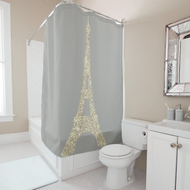 Eiffel Tower Paris Faux Glam Gold Gray Crystals Shower Curtain (In Situ)