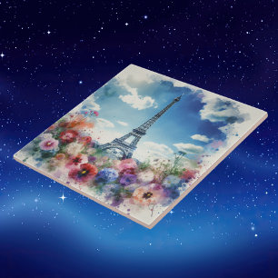 Eiffel Tower Paris Floral Watercolor   Tile