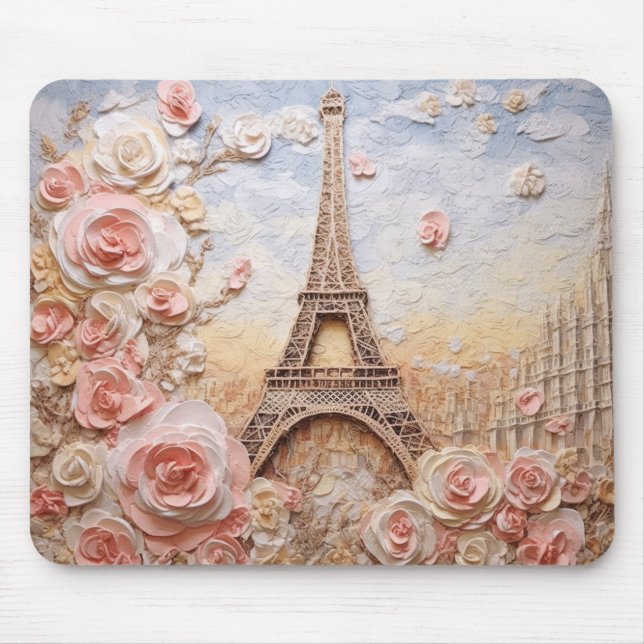 Eiffel Tower Paris France French Pink Floral Mouse Mat (Front)