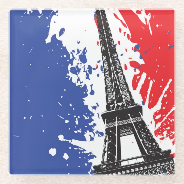 Eiffel Tower | Paris, France | Grunge Flag Glass Coaster (Front)