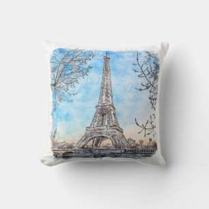 Eiffel Tower Paris France Hand Drawn Watercolor Cushion