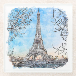 Eiffel Tower Paris France Hand Drawn Watercolor Glass Coaster