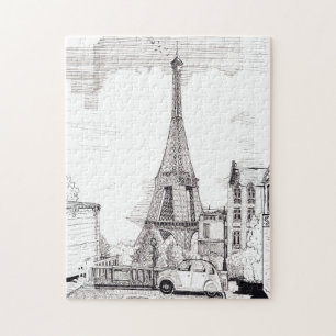 Eiffel Tower Paris France Pen Ink Illustration Jigsaw Puzzle