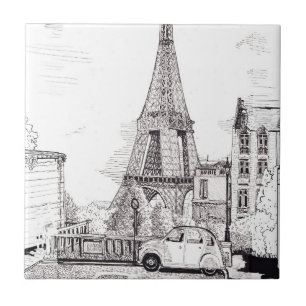 Eiffel Tower Paris France Pen Ink Illustration Tile