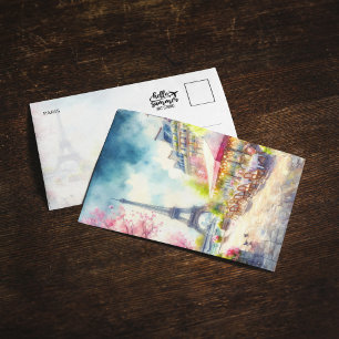 Eiffel Tower Paris France Watercolor Postcard