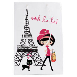 Eiffel Tower Paris Girl and Cat Black and Pink Medium Gift Bag