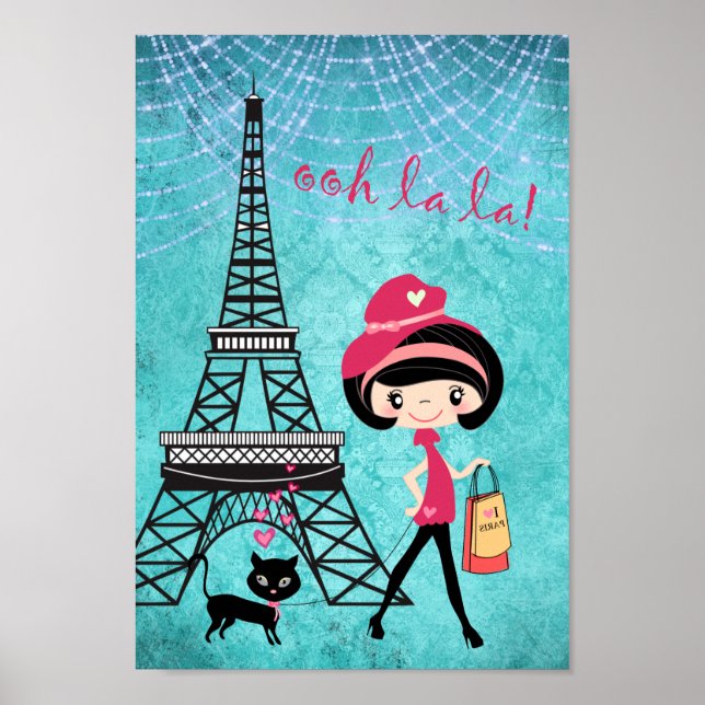 Eiffel Tower Paris Girl and Cat Blue Damask Poster (Front)