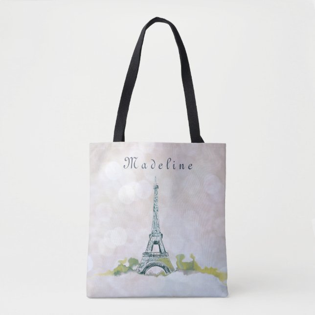 Eiffel Tower Paris Ink Sketch on Pink Sparkle Tote Bag (Front)