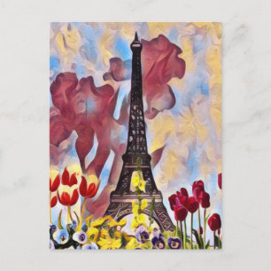 Eiffel Tower, Paris Iris, Tulips Spring Flowers Postcard