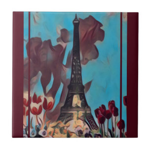 Eiffel Tower, Paris Iris, Tulips Spring Flowers Tile