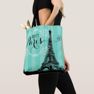 Eiffel Tower Paris Monogram Seafoam Green Stripes Tote Bag