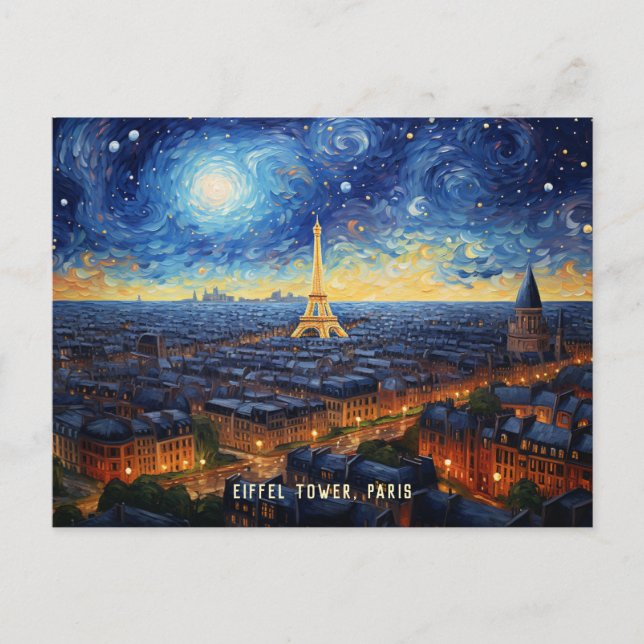 Eiffel Tower Paris Night Illustration Travel Art Postcard (Front)