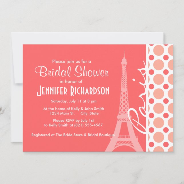 Eiffel Tower, Paris, Pink & Coral Polka Dots Invitation (Front)
