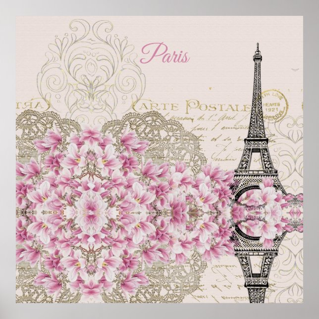 Eiffel Tower, Paris Pink Magnolia Poster (Front)