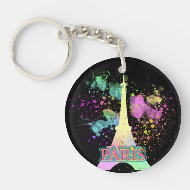 Eiffel Tower Paris Rainbow Paint Splat Explosion Key Ring (Front)