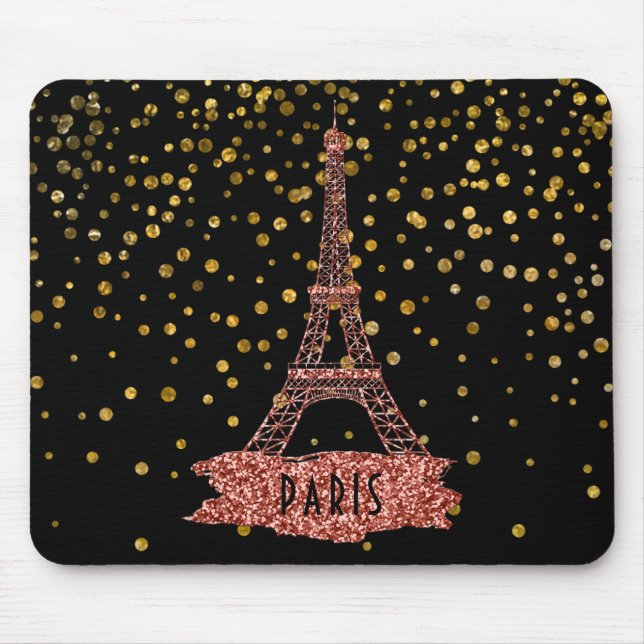 Eiffel Tower Paris | Rose Gold Glam Confetti Dots Mouse Mat (Front)