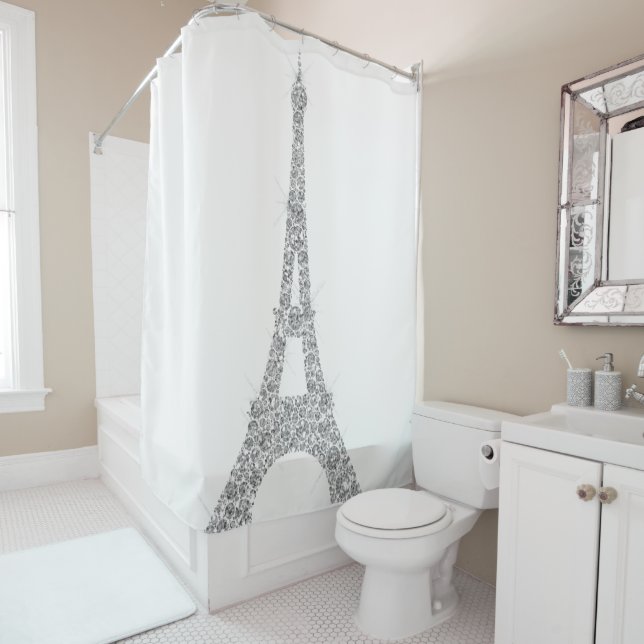 Eiffel Tower Paris Silver White Swarovski Crystals Shower Curtain (In Situ)