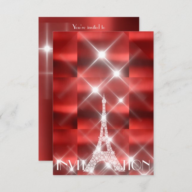 Eiffel Tower Paris Sparkly Stars Red Wine Diamond Invitation (Front/Back)