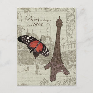 Eiffel tower, paris street and butterfly postcard