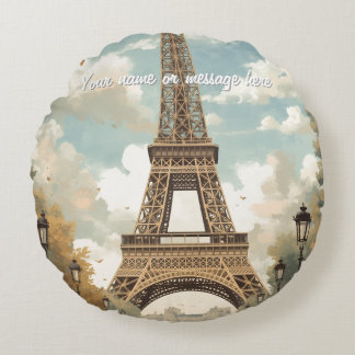 Eiffel Tower Paris Travel Vintage Retro Art Name Round Cushion